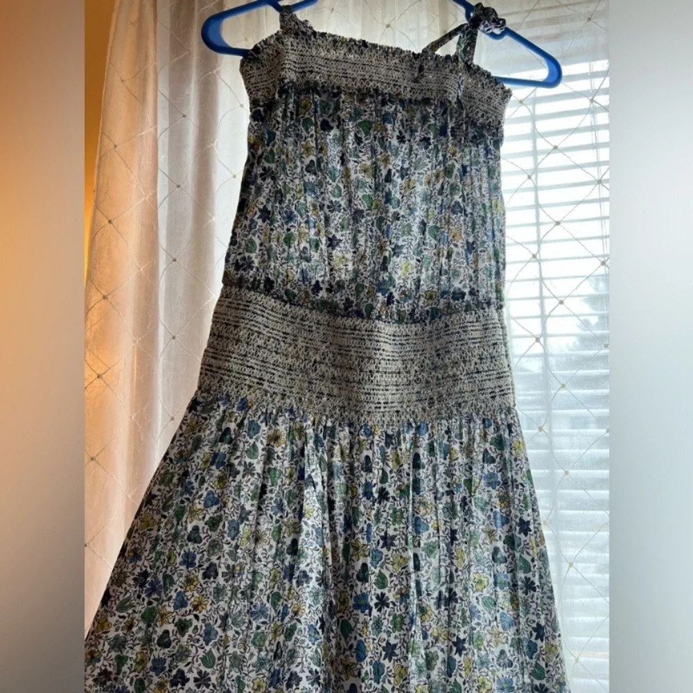 New Tory Burch Smocked Blue Floral Tie Shoulder Maxi Resort Beach Sun Dress M